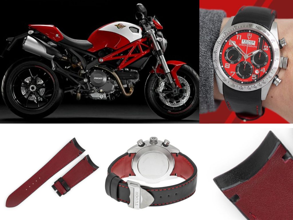 Custom handmade black red calfskin leather watch strap replacement for tudor fastrider ducati