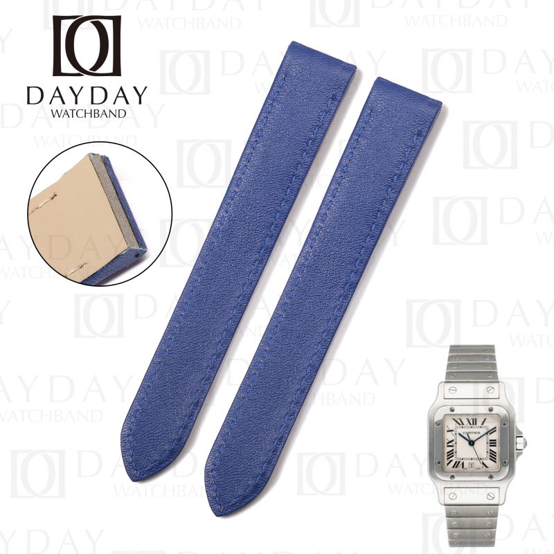 Personalized handmade blue calf leather watch belt replacement for Santos de Cartier Galbée automatic XL men and womens watch aftermarket for sale
