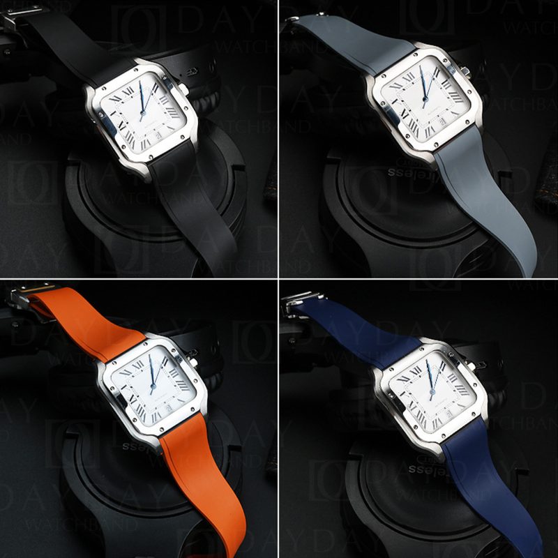 daydaywatchband black blue grey orange rubber watch strap replacement for Cartier Santos Small, Medium, Large for sale (2)