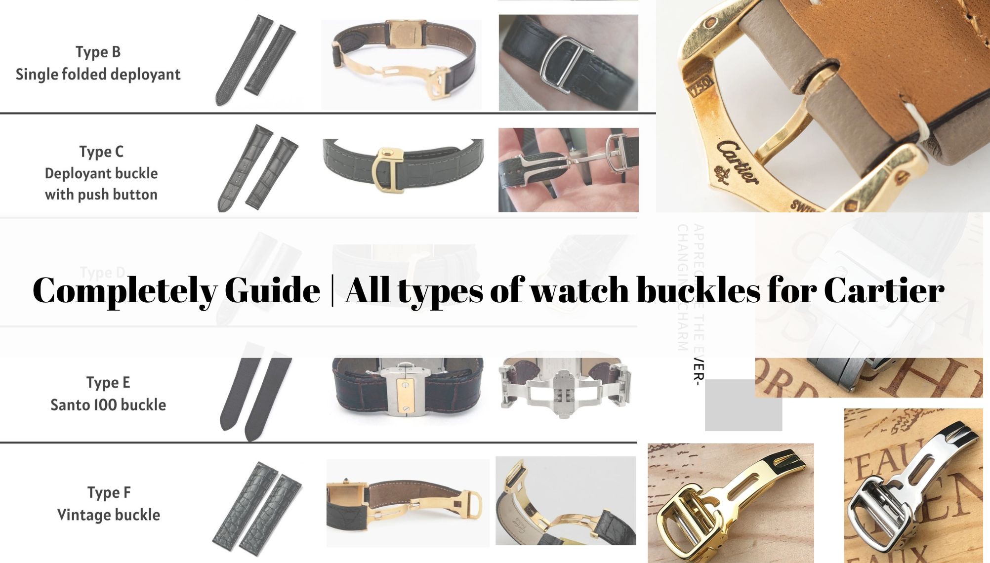 Completely Guide All types of watch buckles for Cartier Tank Roadster Santos Pasha Baignoire Calibre Ballon Bleu deployment clasp pin buckle