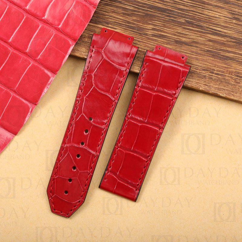 Custom Red alligator leather watch strap replacement for Hublot Big Bang 44mm Gold Blue men's watch for sale aftermarket (4)