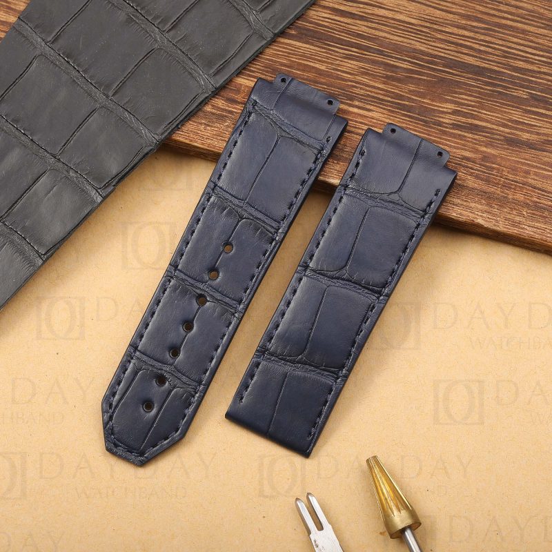 Custom dark blue alligator leather watch strap replacement for Hublot Big Bang 44mm Gold Blue men's watch for sale aftermarket