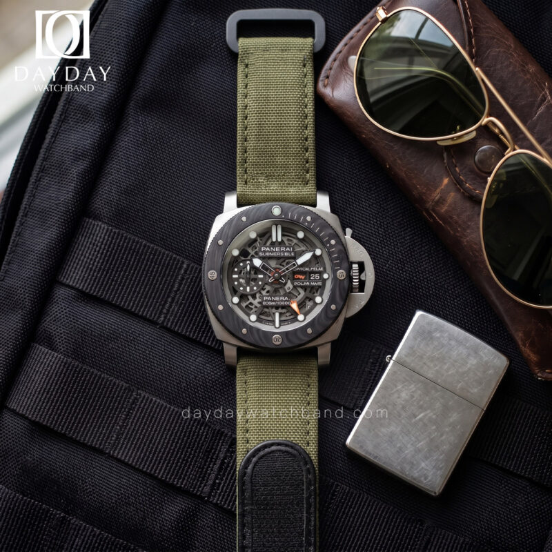 Custom Olive Green Canvas Hook and Loop Straps for Panerai