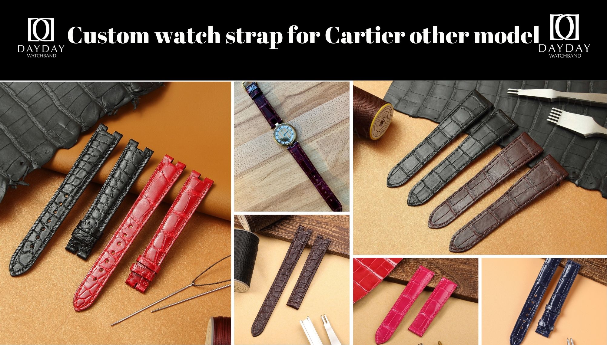 Daydaywatchband custom bespoke leather watch strap watchband wrist band replacement for Cartier Must de, Vendemo Must de, Tortue Monopoussoir, Must Colisee, Calibre and more men and ladies watch