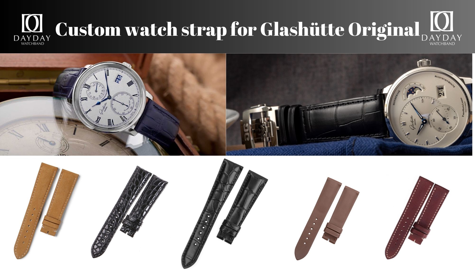 Daydaywatchband custom handmade alligator leather watch strap watchband wirst band watch belt replacement for Glashütte Glashutte Senator 39-31-34-42-04, Quintessentials men and ladies watches
