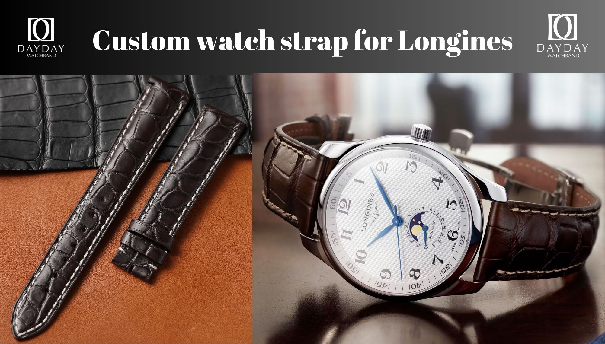 Daydaywatchband custom handmade alligator leather watch strap watchband wirst band watch belt replacement for Longines Master Collection, Hydroconquest, Conquest and more men and ladies watch