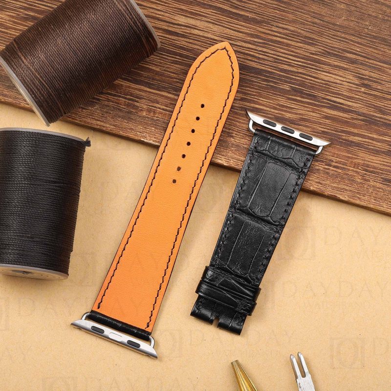 Buy custom best genuine black belly scale crocodile leather watch band replacement for Apple watch series 1-7 38mm, 40mm, 44mm, 45mm for sale