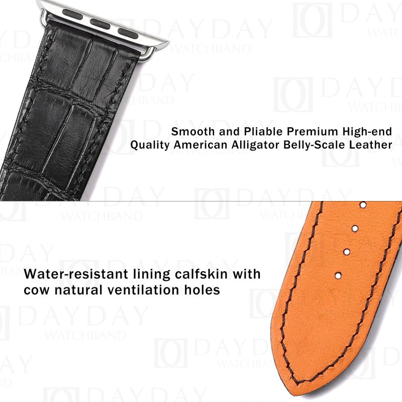 Buy custom best genuine black crocodile leather watch strap replacement for Apple watch series 1-7 38mm, 40mm, 44mm, 45mm (2)