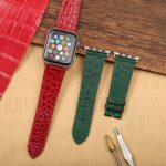Buy custom genuine green red round scale alligator skin leather watch band straps replacement for apple series watch 38mm 40mm 44mm 45mm for sale