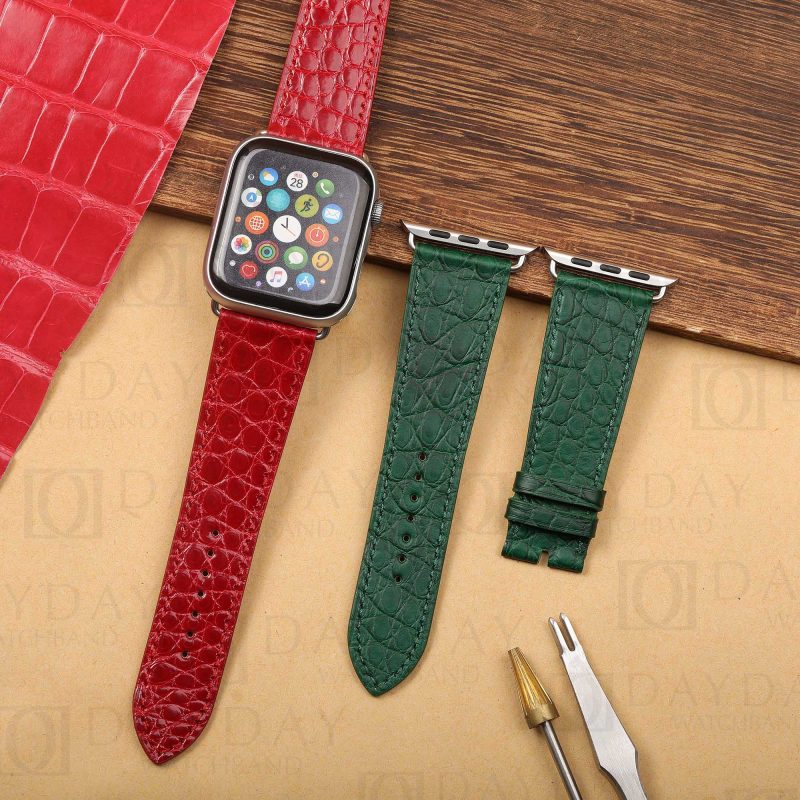Buy custom genuine green red round scale alligator skin leather watch band straps replacement for apple series watch 38mm 40mm 44mm 45mm for sale