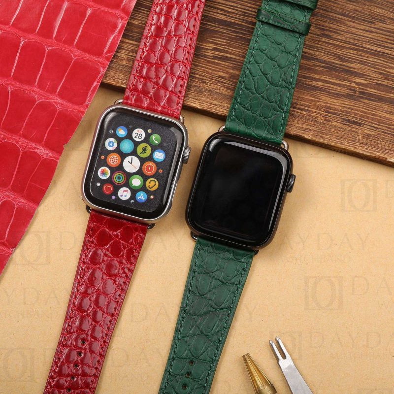 Buy custom genuine green red round scale alligator skin leather watch straps replacement for apple series watch 38mm 40mm 44mm 45mm for sale