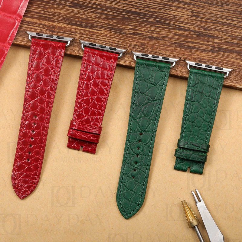 Buy custom genuine green round scale crocodile leather watch straps band replacement for apple series watch 38mm 40mm 44mm 45mm for sale