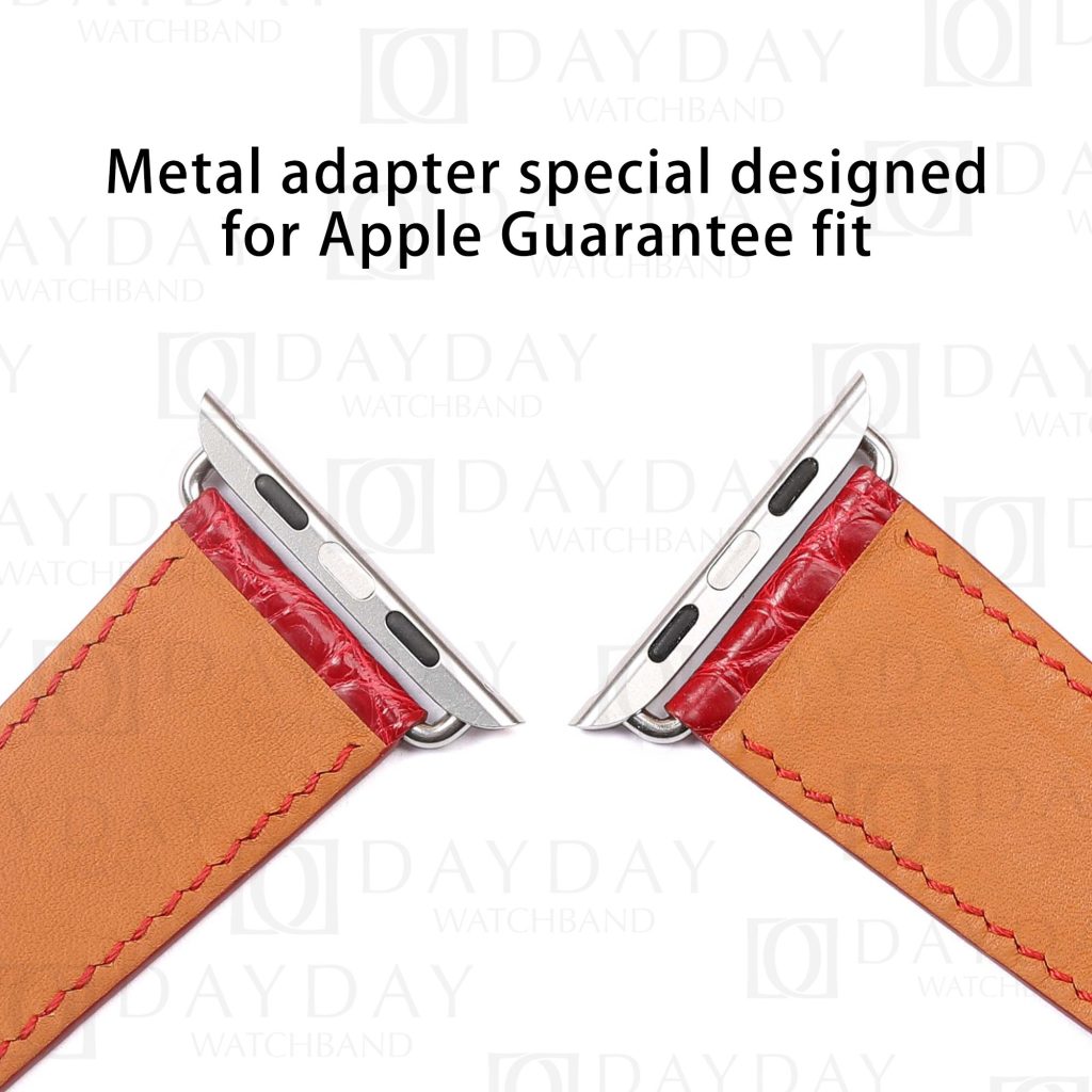 Buy custom genuine red round scale alligator leather watch bands replacement with adapter for apple watch 38mm 40mm 44mm 45mm