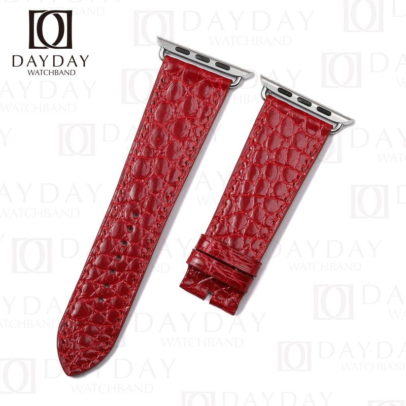 Real crocodile red round scale alligator leather watch bands strap replacement for iphone watch 38mm 40mm 44mm 45mm aftermarket