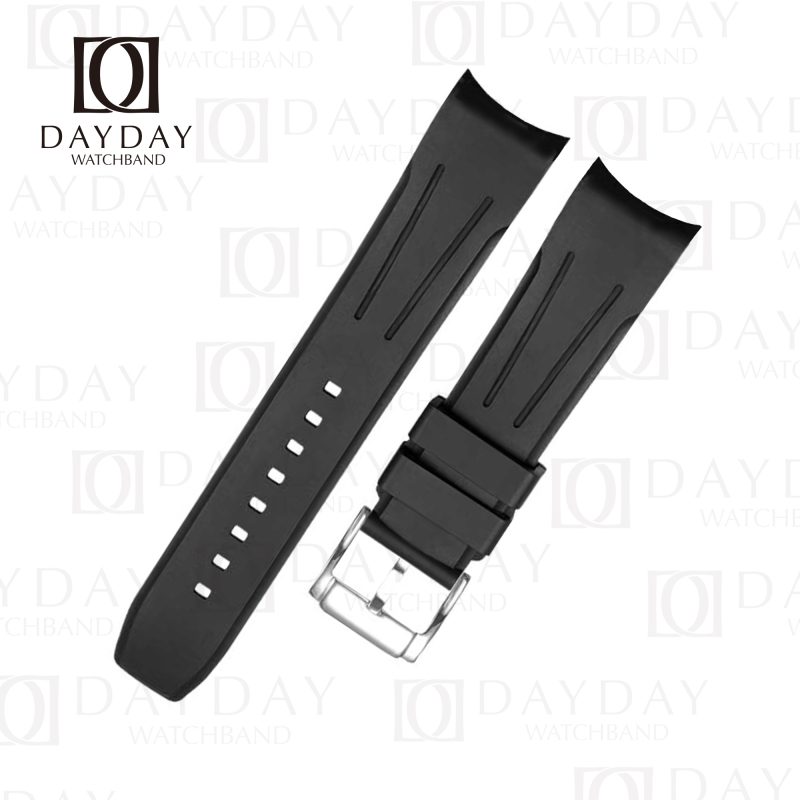 Shop black Fluoro rubber curved end watch strap band 18mm 20mm 21mm 22mm 24mm for Omega, Breitling, Rolex, Tudor, Hamilton, Seiko, Cartier