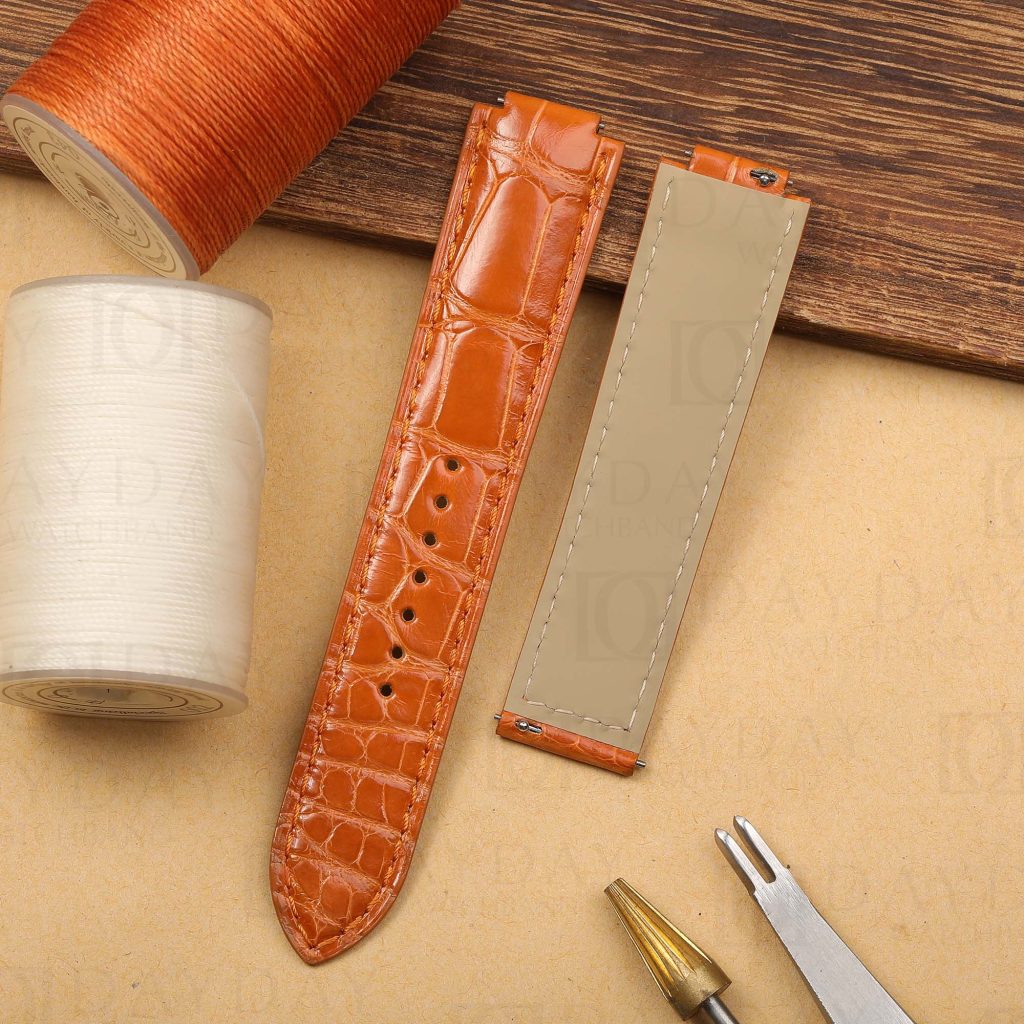Buy handmade custom orange alligator leather watch band replacement for Cartier Ballon Bleu 28mm 33mm 36mm 42mm aftermarket