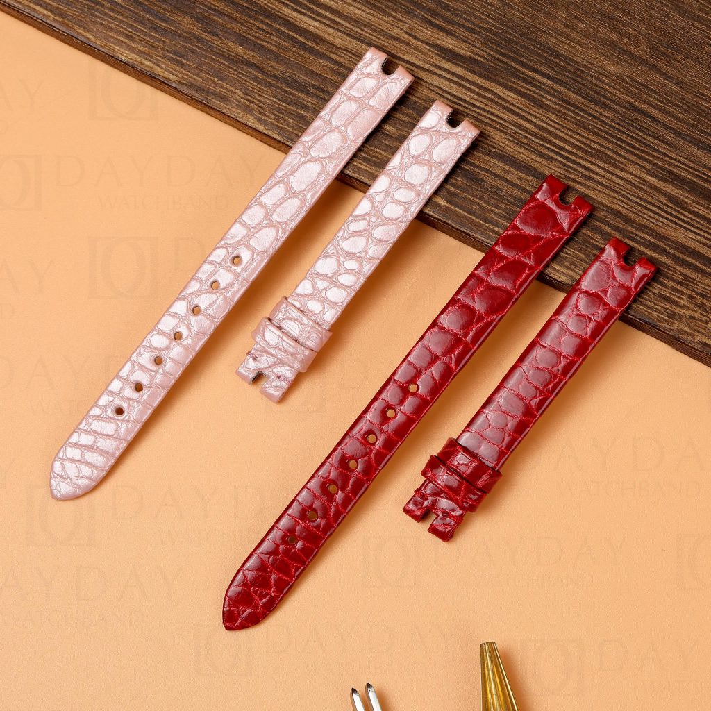 Buy handmade red pink round scale alligator leather watch strap band replacement for Cartier Baignoire men's and ladies watch aftermarket