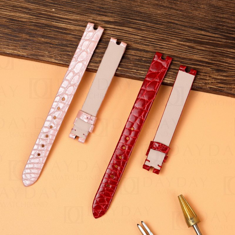 Buy handmade red pink round scale alligator leather watch straps bands replacement for Cartier Baignoire men's and ladies watch aftermarket