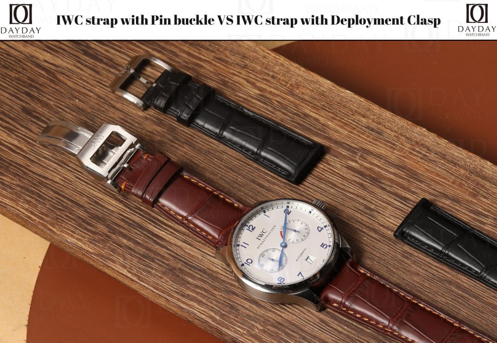 Handmade custom brown alligator leather strap with IWC Portugieser Portofino deployment Clasp and black crocodile leather band with Pin buckle (2)