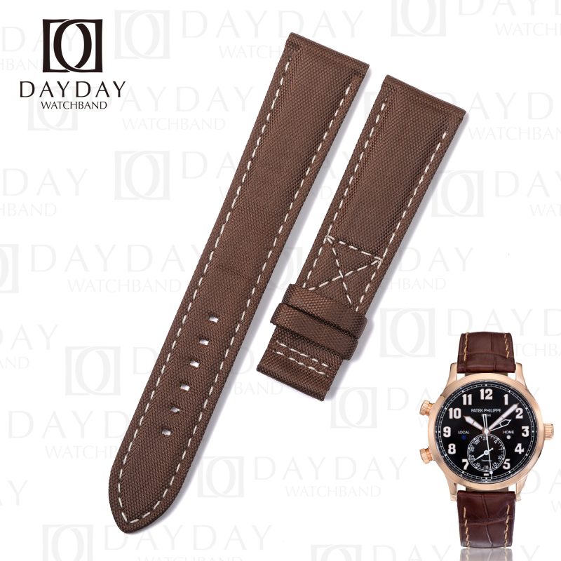 Personalized handmade brown canvas nylon fabric watch straps replacement wristband for Patek Philippe PP Calatrava Pilot Travel Time 5524r men's watch (4)