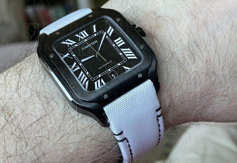 White canvas fabric with black stitching watch band replacement for Cartier Santos Large Meidum