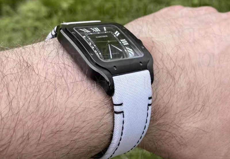White canvas fabric with black stitching watch strap band replacement for Cartier Santos Large Meidum