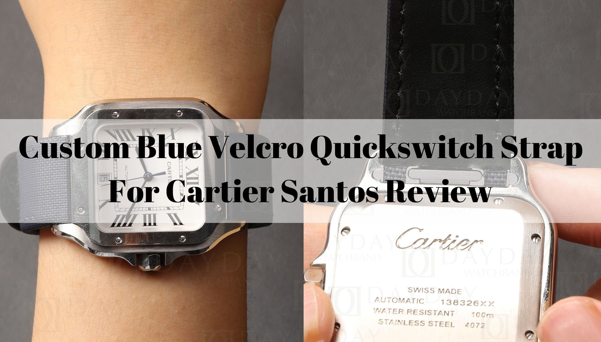 Custom velcro blue canvas quick release watch belt strap replacement for Cartier Santos Medium Large XL