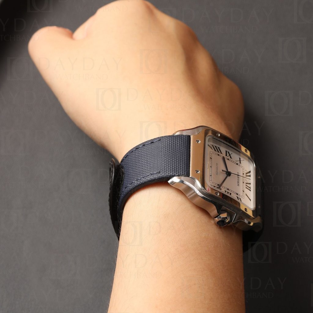 Daydaywatchband blue canvas velcro quick release strap band replacement on wrist for Cartier Santos Medium Large XL