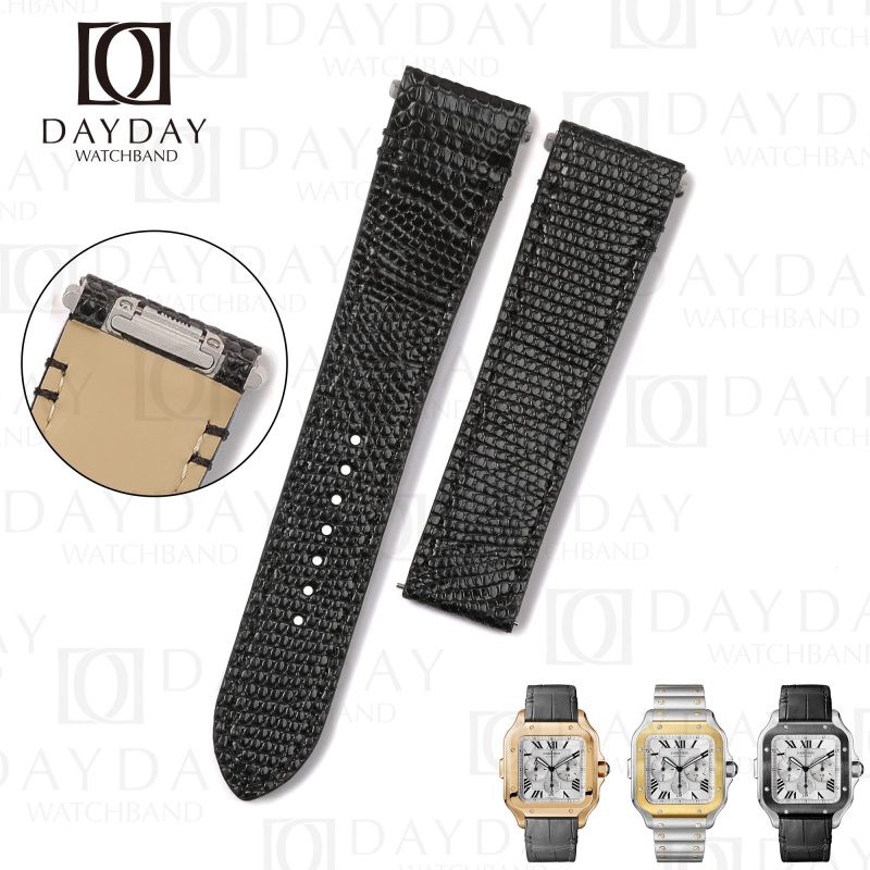 Shop bespoke quick release black lizard leather watch strap band replacement for Cartier Santos Medium Large XL for sale aftermarket (3)