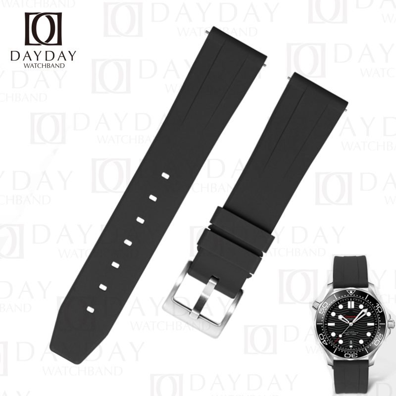 Best black FKM rubber watch strap band replacement with sliver pin buckle for Rolex Omega Seamaster Tissot, Breitling Tag Heuer Panerai Longines Seiko Tudor for sale