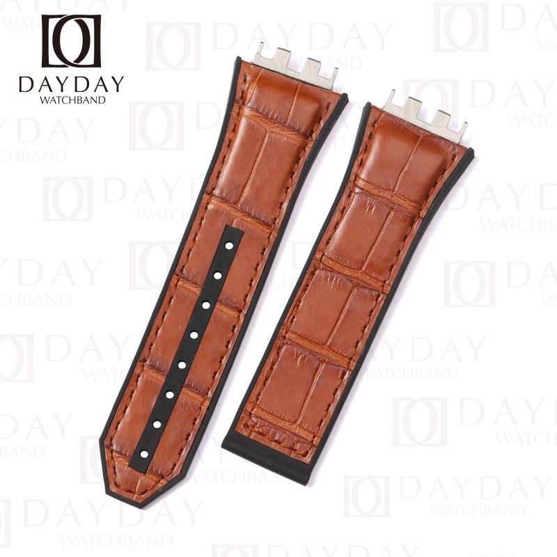 Brown alligator crocodile leather strap band replacement with rubber linning for Hublot Classic Fusion 33mm 38 mm 42mm 45mm and more Hublot wrist watch