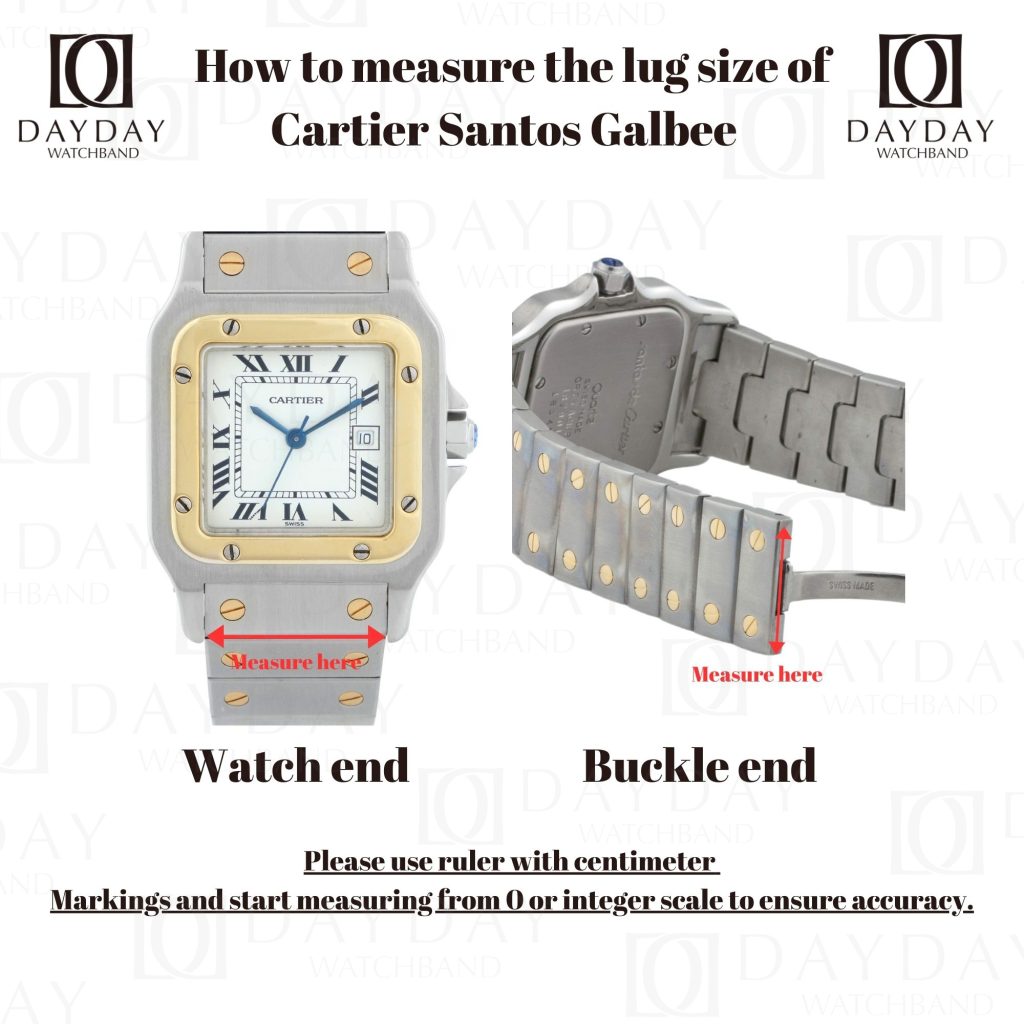 How to measure the leather watch strap band replacement lug size for Santos de Cartier Galbée Automatic XL,Small, Large, Galbee 2319, 2423, 2425, 2823