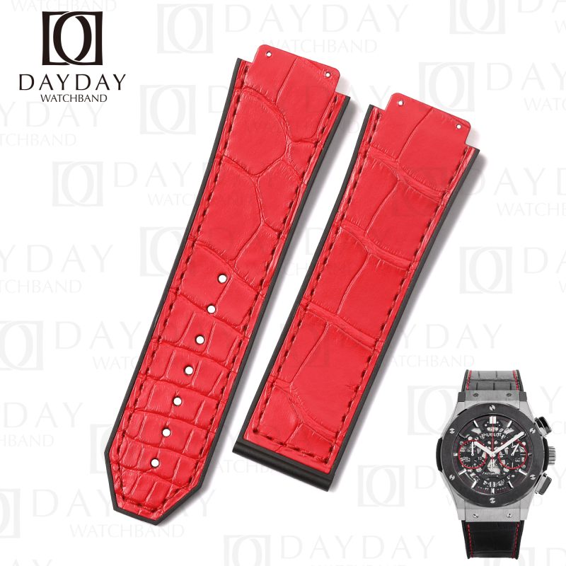 Red alligator crocodile leather strap band belt replacement with rubber linning for Hublot Classic Fusion 33mm 38 mm 42mm 45mm and more Hublot wrist watch