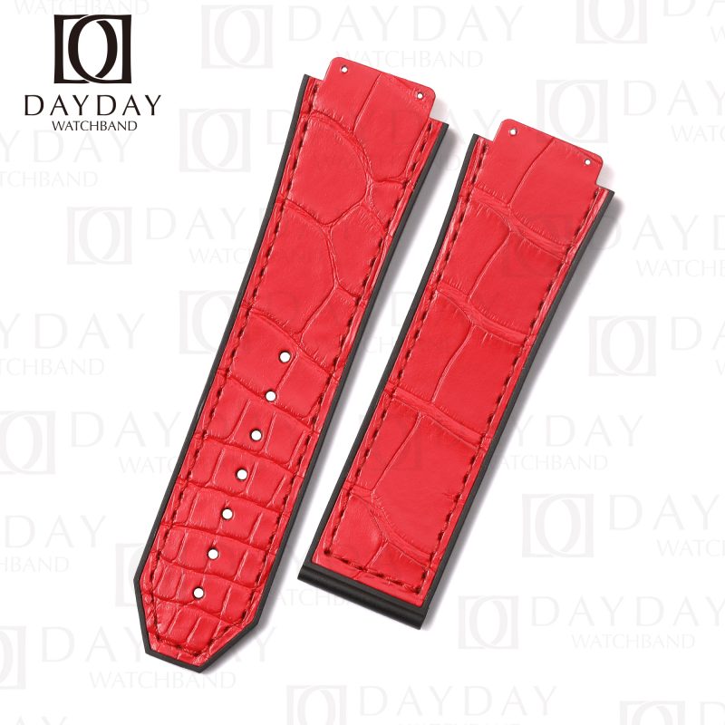 Red alligator crocodile leather strap band replacement with rubber linning for Hublot Classic Fusion 33mm 38 mm 42mm 45mm and more Hublot wrist watch (3)