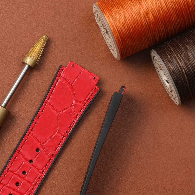 Red alligator crocodile leather strap band replacement with rubber linning for Hublot Classic Fusion 33mm 38 mm 42mm 45mm and more Hublot wrist watch