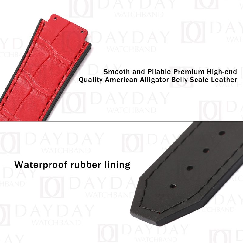 Red alligator crocodile leather watch strap band replacement with rubber linning for Hublot Classic Fusion 33mm 38 mm 42mm 45mm and more Hublot wrist watch