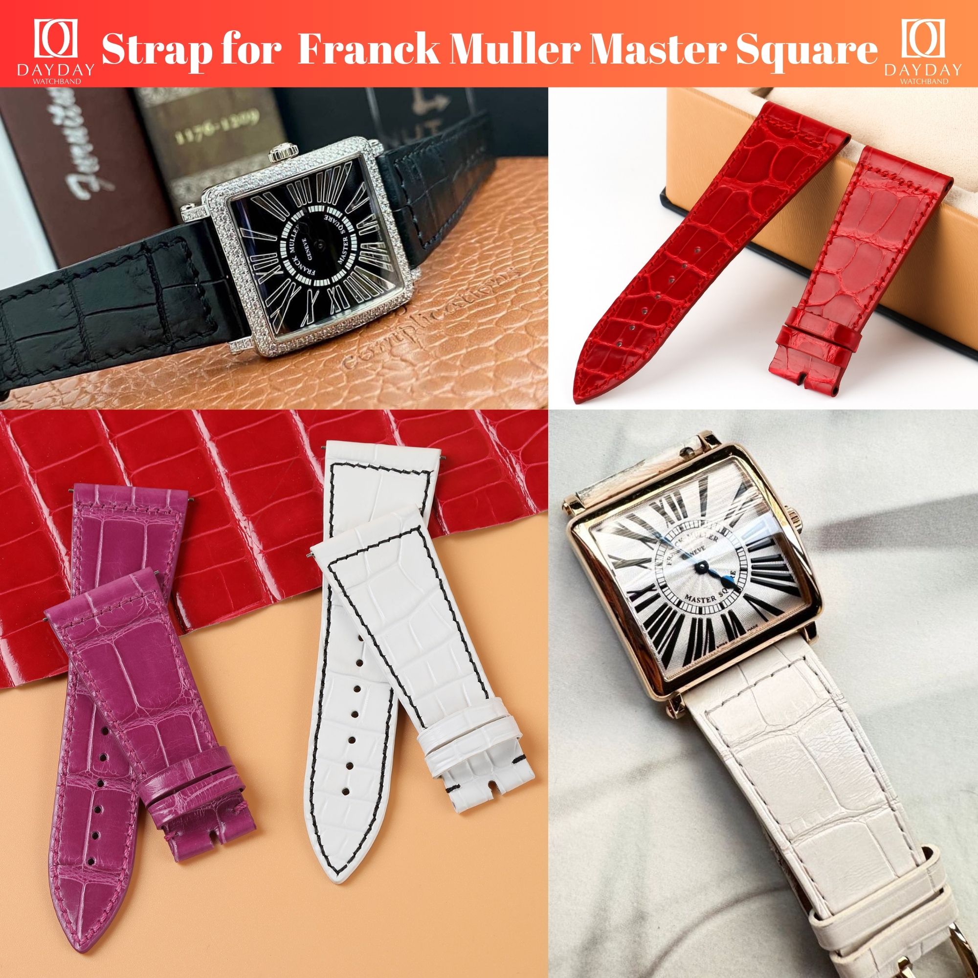 White pink alligator leather band strap replacement for Franck Muller Geneve Master Square 6000 k Sc Dt 6002 m Qz Color Dreams Diamond Ladies Watch