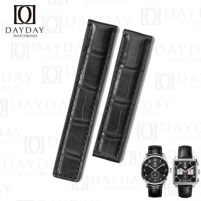 Custom black alligator leather watch straps band belt for Tag Heuer Carrera Automatic Calibre 5 16 1887 Tourbillon men’s watch