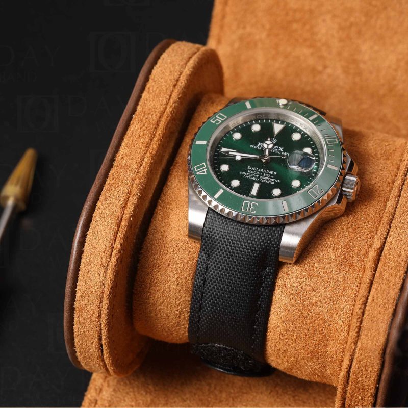 Custom black canvas nylon fabric curved end velcro watch strap band replacement for Rolex Sub Submariner Date Green Oyster Perpetual 40mm 41mm (2)