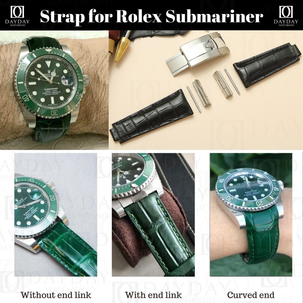 Custom black green alligator leather strap band replacement for Rolex Sub Submariner Submariners Date Green Oyster Perpetual Hulk Kermit 16610 41mm 40mm