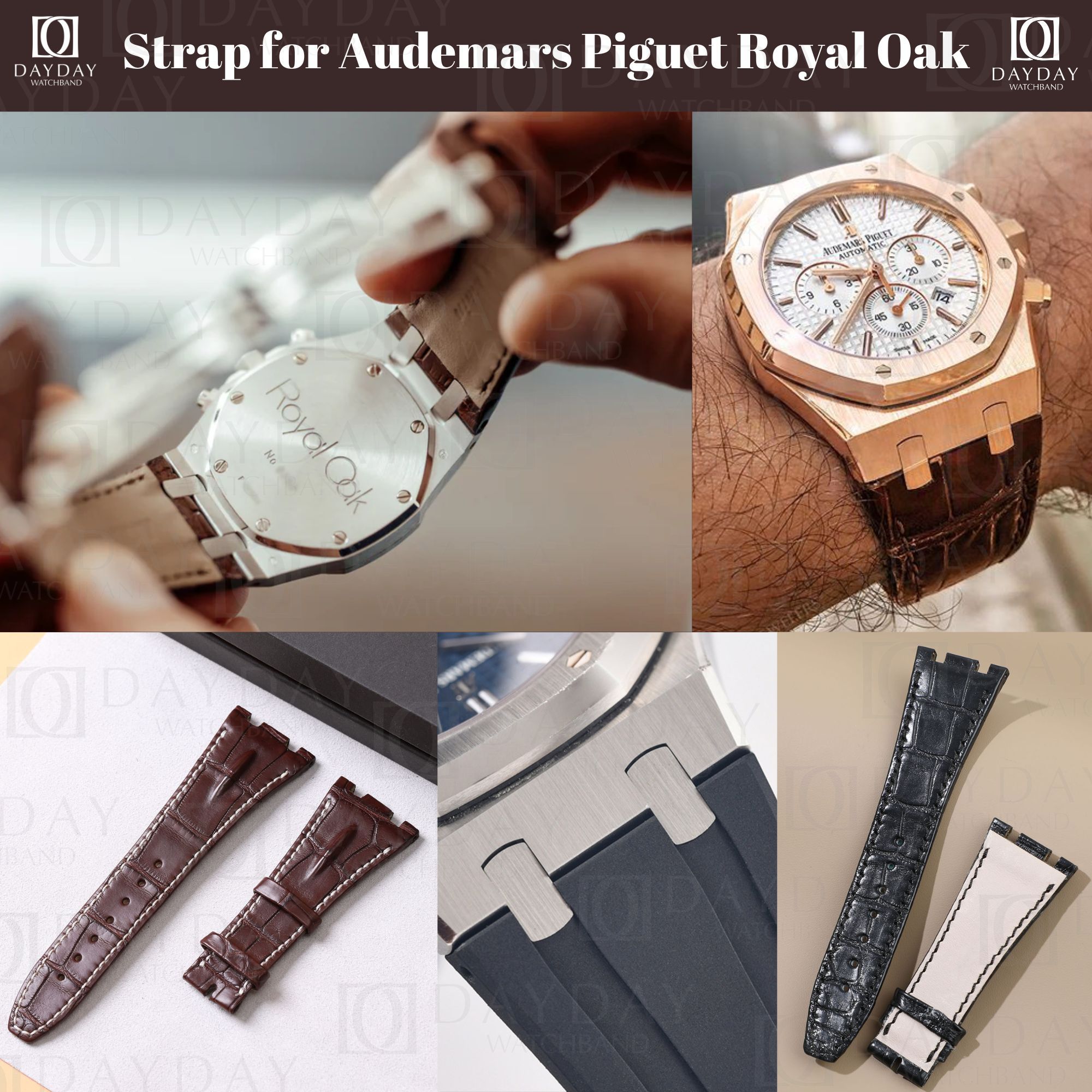 Custom daydaywatchband alligator leather watch strap rubber band replacement for Audemars Piguet AP stainless Royal Oak 50th 15500st 33mm, 36mm, 37mm, 38mm, 41mm 44mm