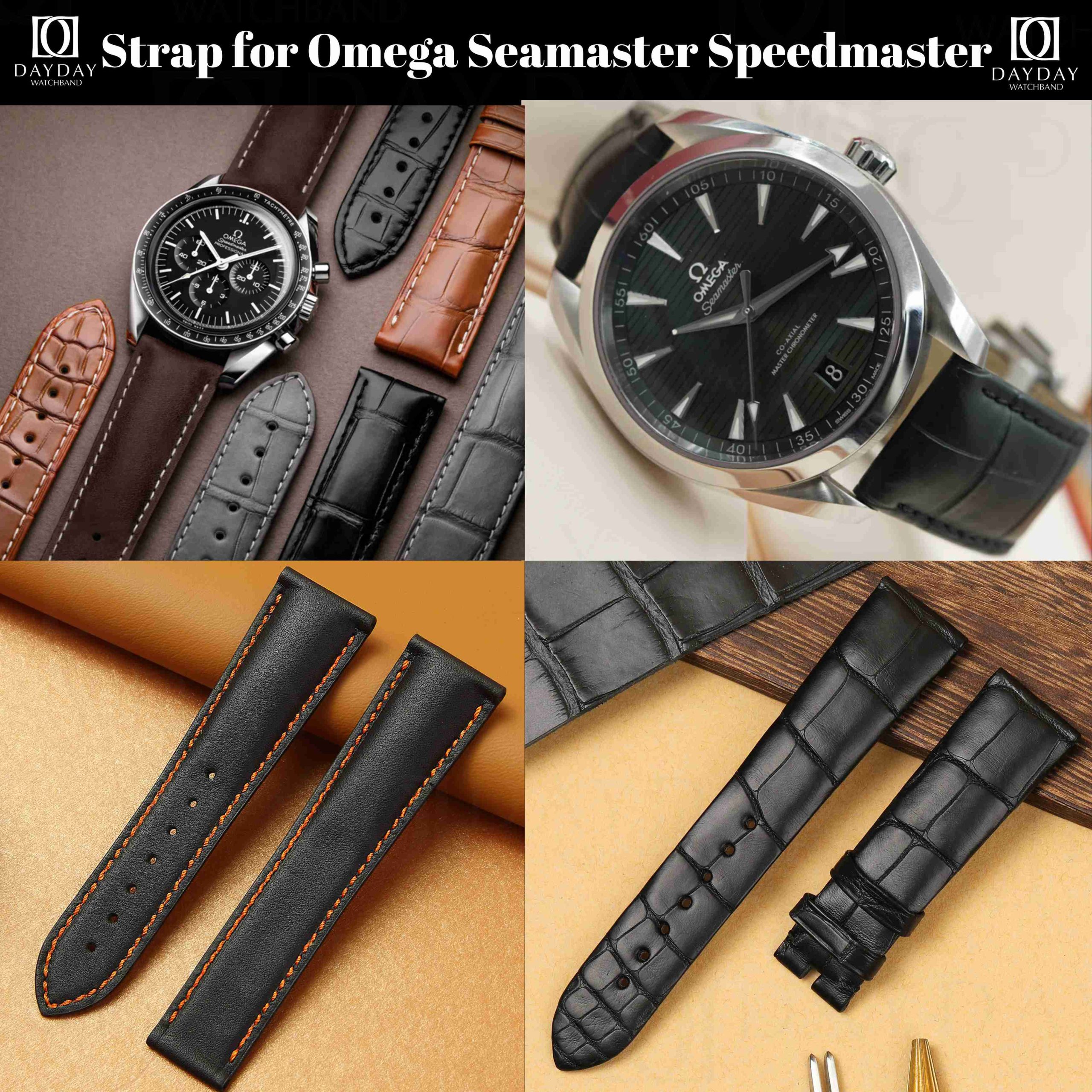 Custom leather watch band Omega Seamaster Aqua Terra Planet Ocean 300m 600m 007 editions, and Speedmaster Moonwatch Snoopy Racing 40mm and 57 58 editions