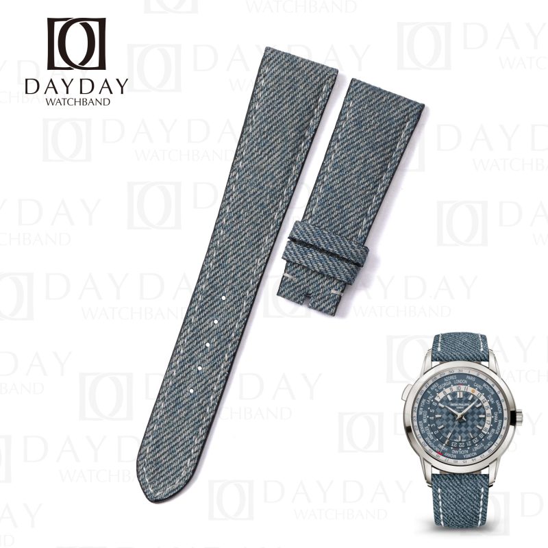 Custom blue denim fabric watch strap band replacement for Patek Philippe PP Calatrava 5330G Calatrava Jeans World Time Date Complications (2)