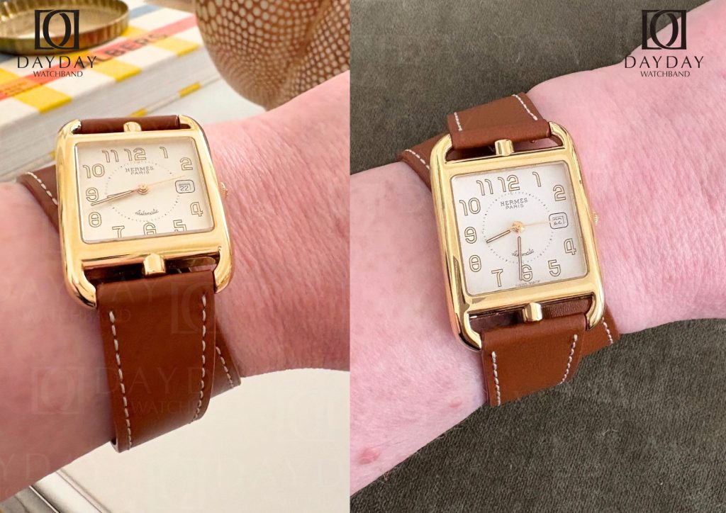 hermes gold cap cod brown calfskin double tour watch strap replacement daydaywatchband