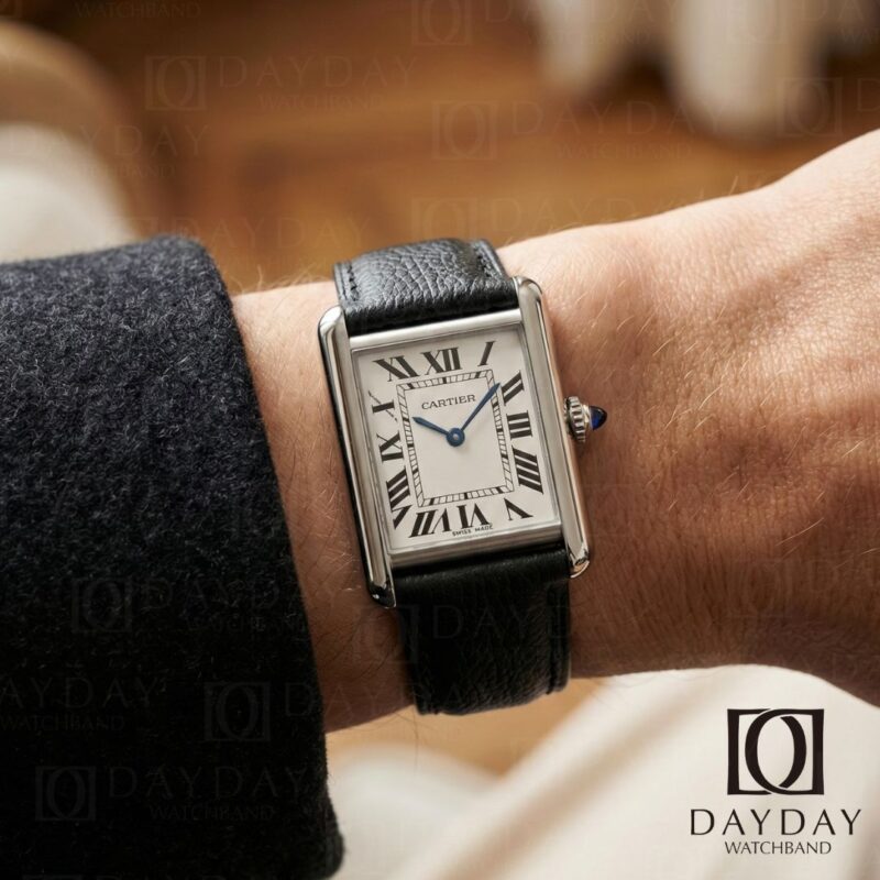 black lychee leather watch strap band for Cartier Tank solo must more models