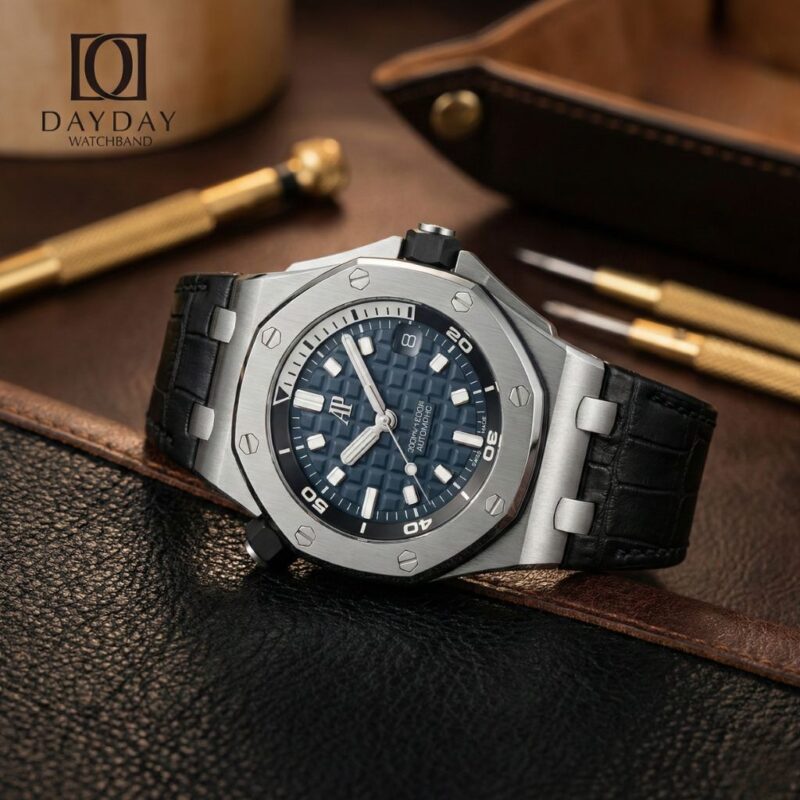 daydaywatchband Audemars Piguet Royal Oak Offshore Diver with black alligator leather watch bands strap