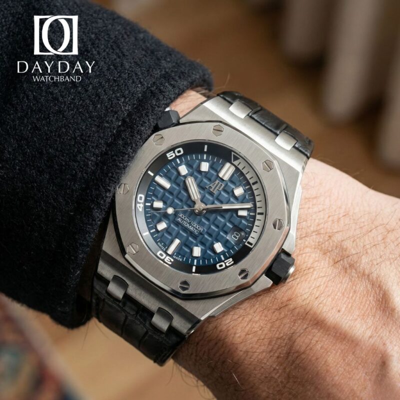 daydaywatchband Audemars Piguet Royal Oak Offshore Diver with black alligator leather watch bands strap on wrist
