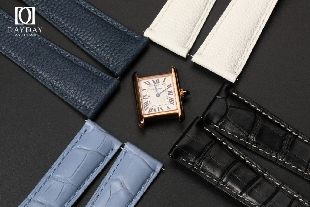daydaywatchband cartier tank custom black blue alligator and white blue lychee leather strap band replacement