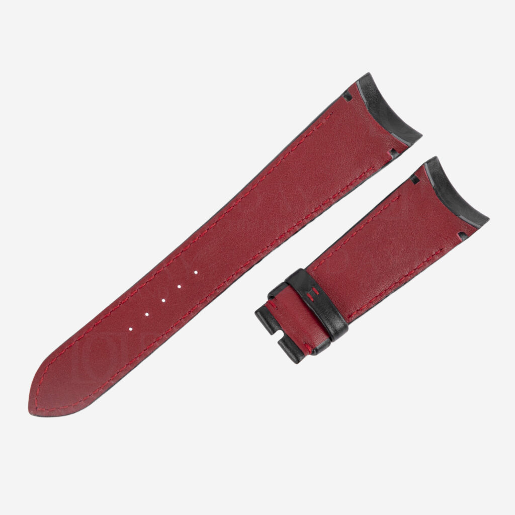 Custom red calfskin leather strap replacement for Tudor Fastrider Ducati 42000CR — black curved end, red stitching, 22mm handmade watch band