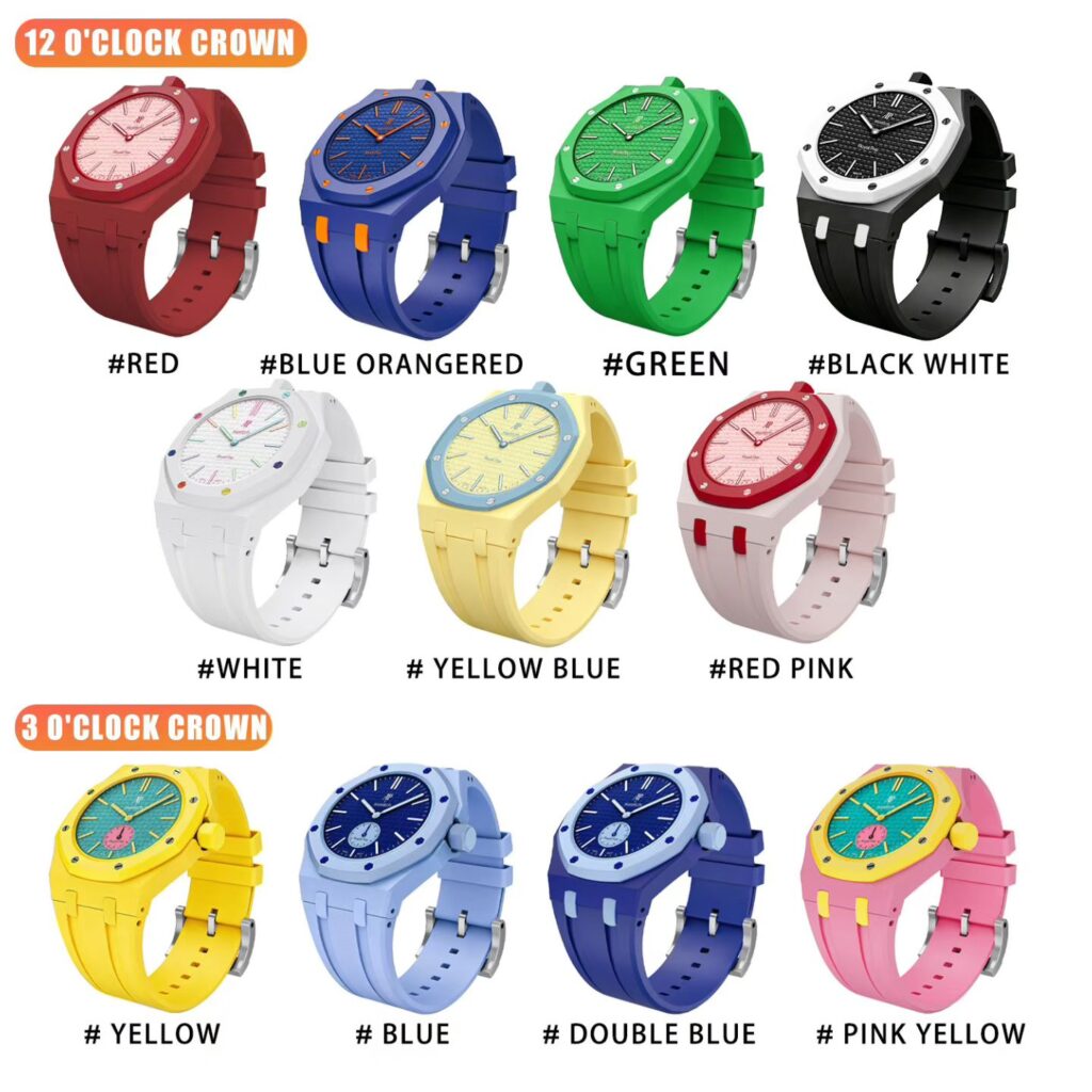 Bioceramic case and silicone strap combo for Swatch x AP Royal Pop in 10 colorways — 12 o'clock and 3 o'clock crown versions including red, navy blue, green, black white, white, yellow blue, red pink, yellow, blue, double blue, and pink yellow conversion kits